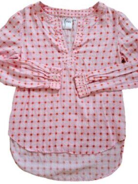 Finley 100% Cotton Split‑Neck Blouse – Pink & Orange Geometric Print